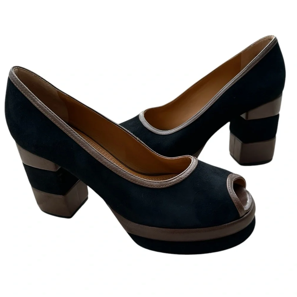 Tory Burch 70s Peep-Toe Leather & Suede Platform Pumps Women’s Size 8.5